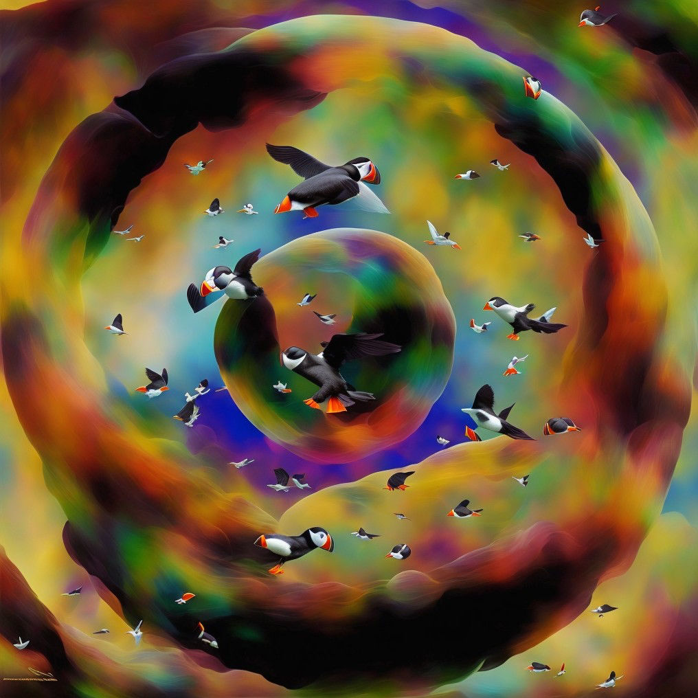 Puffin birds flying out of the earth