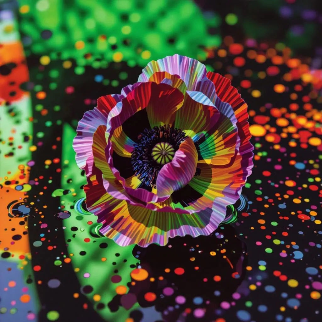 Psychedelic poppy exploding with a shower of blood 