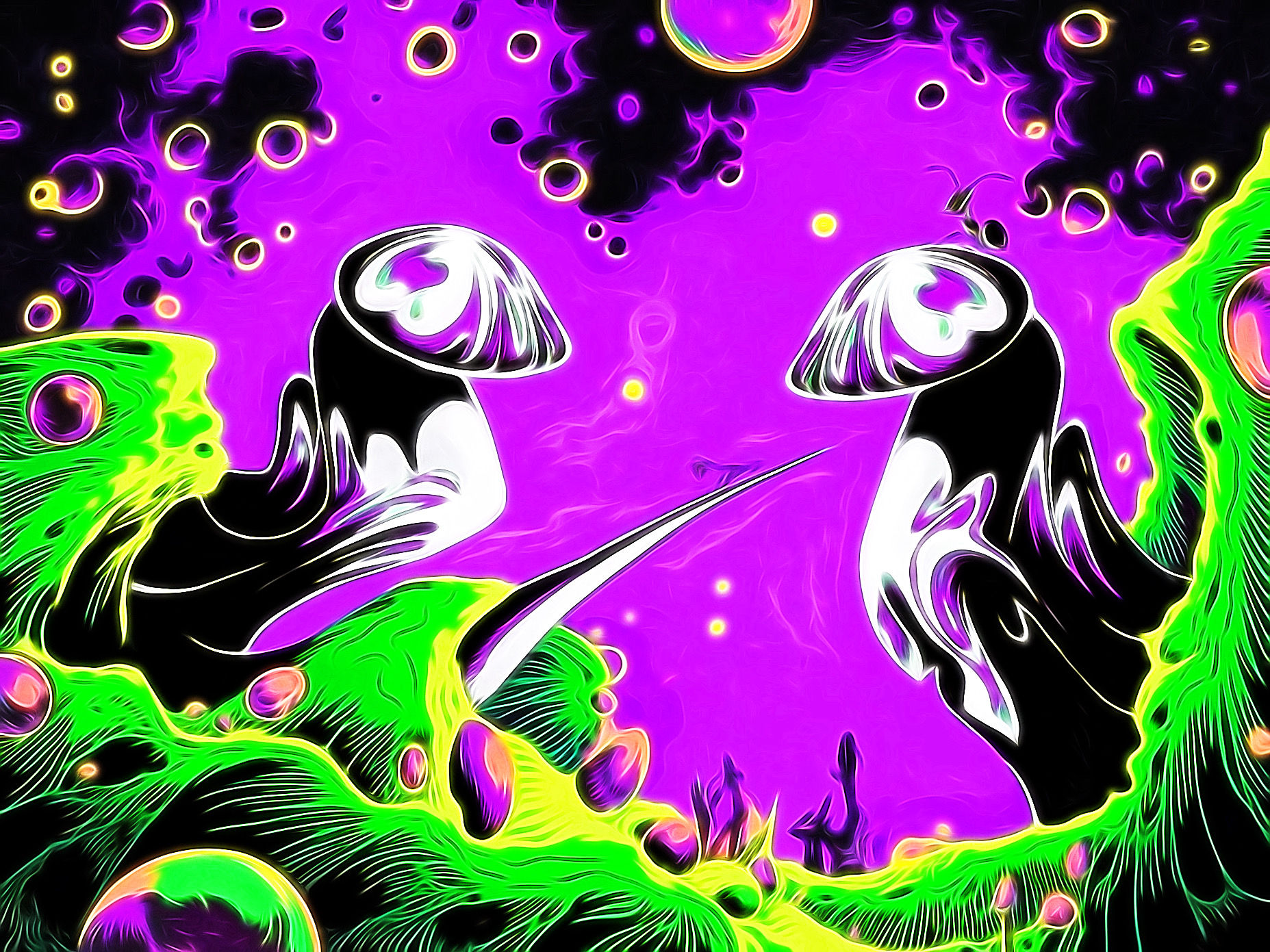 Psychedelic puffin bird with deer antler horns on their heads 