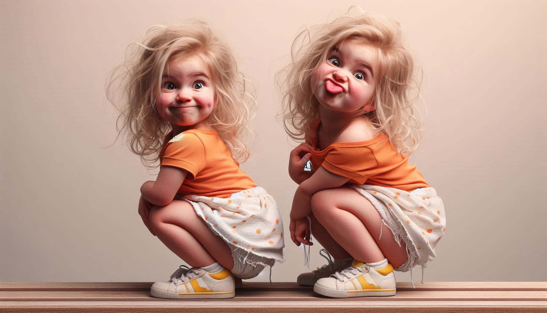 A hyper-realistic, hyper-detailed image of a 6-year-old blonde Caucasian girl with messy curly hair and a funny expression on her face. She...