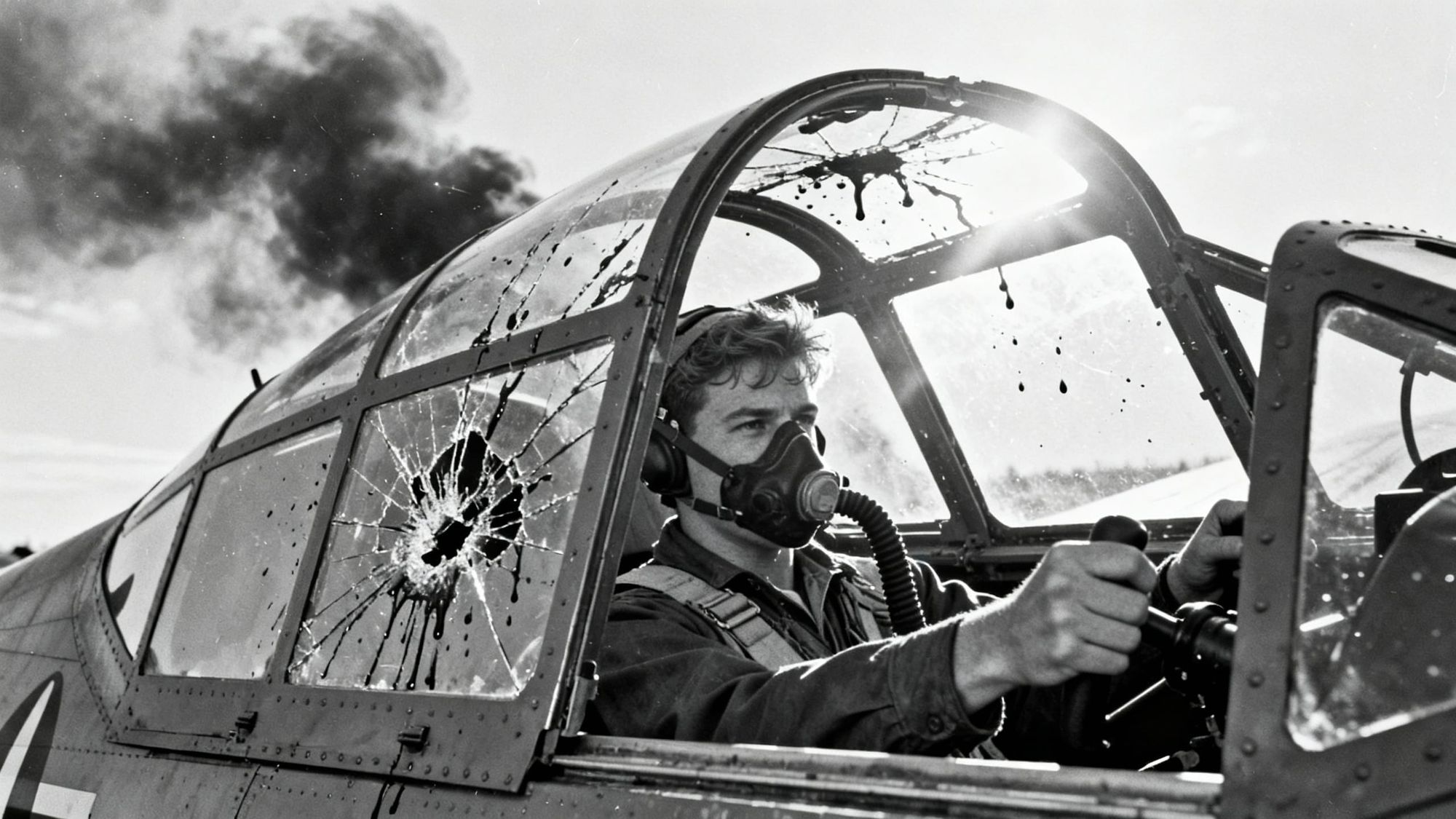 Close inside the same P-47: the same pilot in helmet and mask, looking very distressed yanks at a jammed canopy latch with gloves, cracked g... - Start Image 1