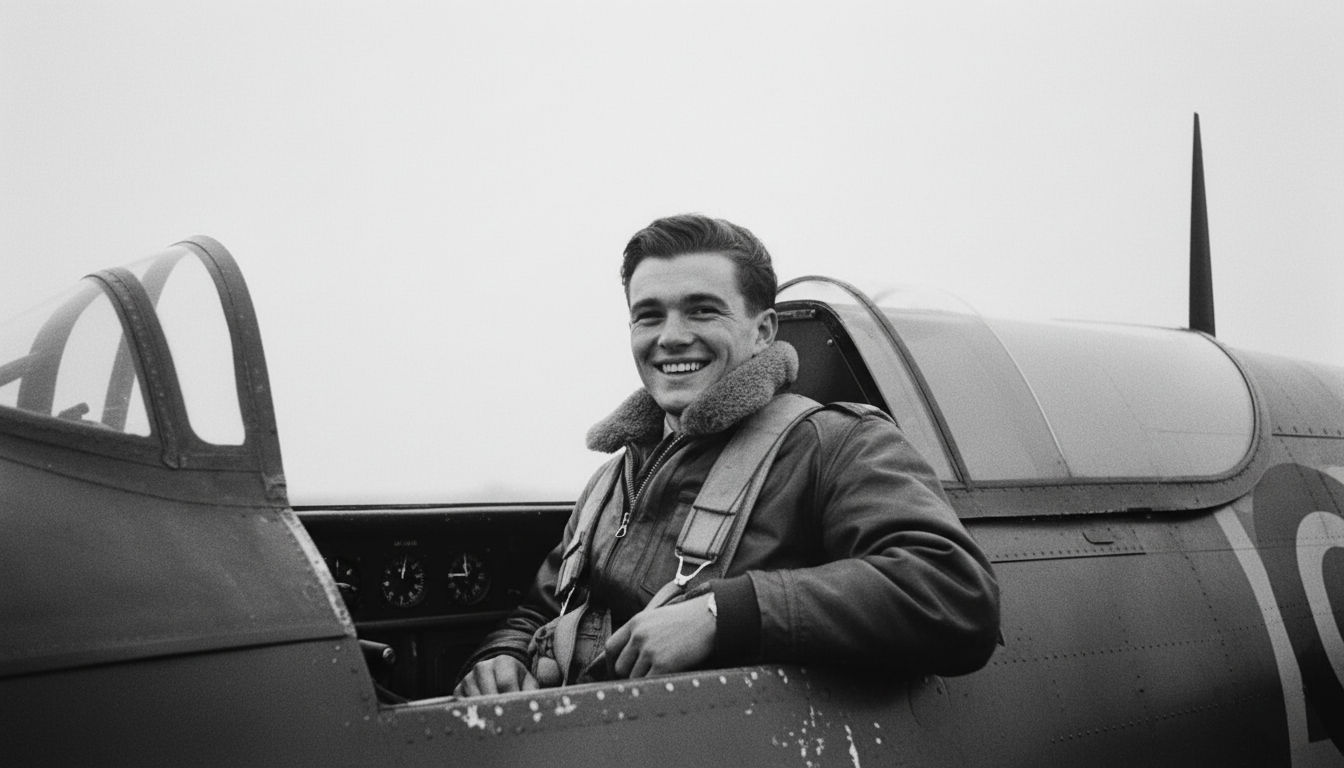 Close inside the same P-47: the same pilot in helmet and mask, looking very distressed yanks at a jammed canopy latch with gloves, cracked g... - Start Image 2
