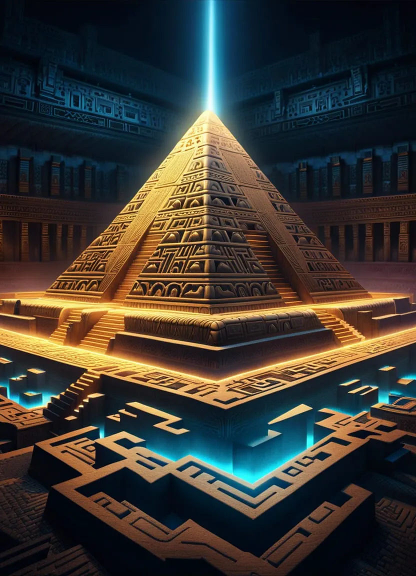 golden pyramid, gold statues, underground, floating, magical energy