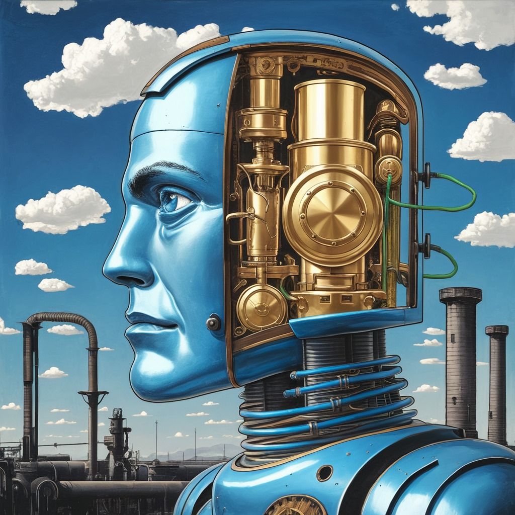 Cyborg robot man, Internal robotics showing. Pumps and pistons and copper pipes. Old industrial area. 1930's adverting poster. Screen print,...