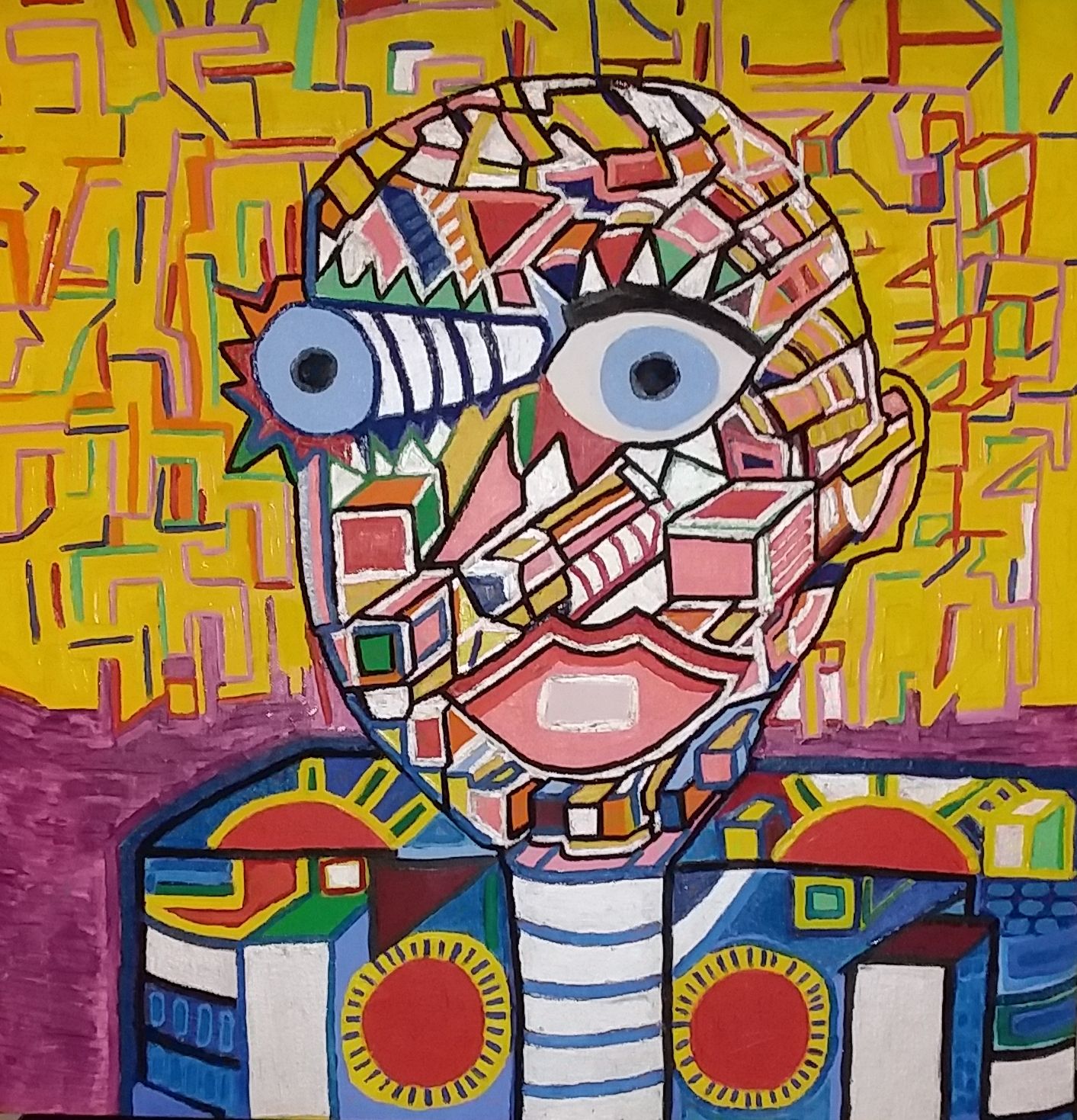 1930's advertising poster. Cyborg robot facing left. Blue sky. Old industrial area. Paolozzi. 1967 psychedelia. Warhol pop art. Screen print...