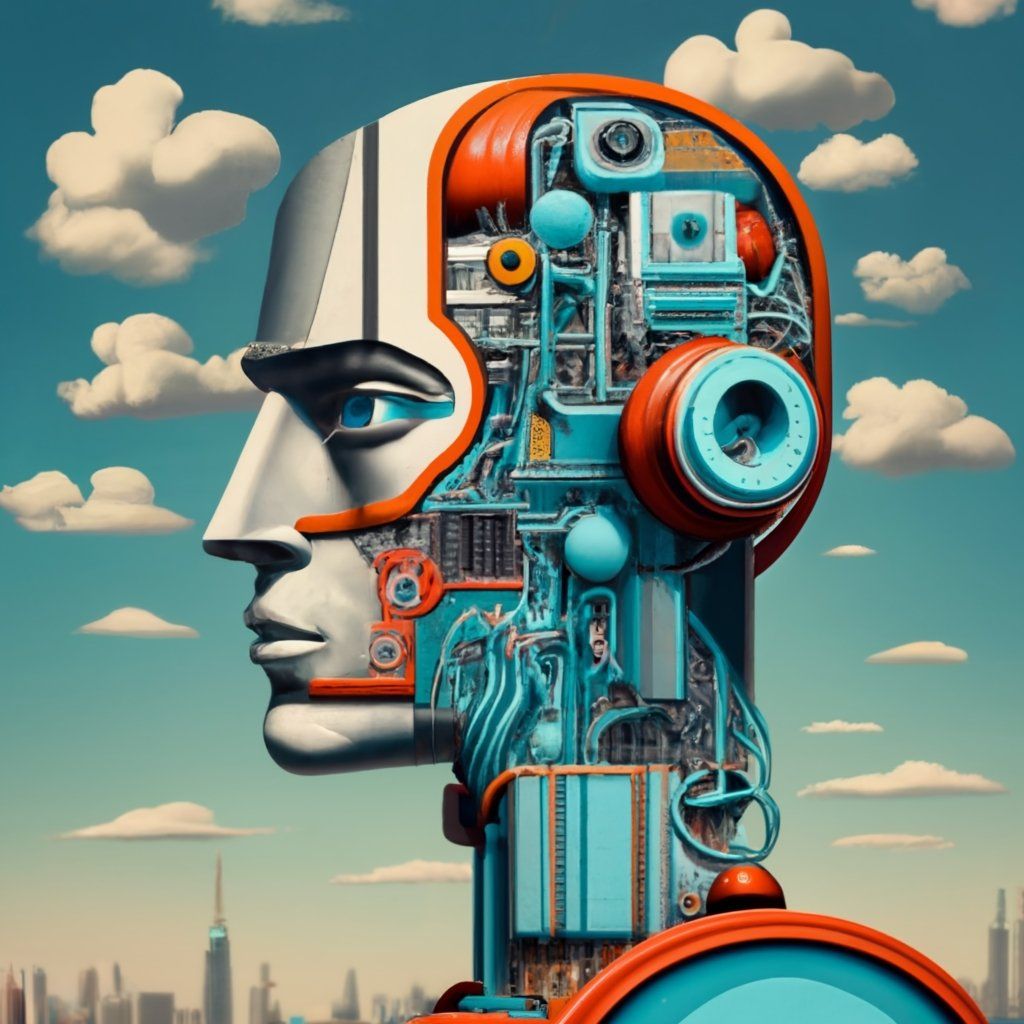 Cyborg robot man. Side profile. Facing left. Blue human eyes. Internal robotics of brain showing. Polished yellow metal. Copper pipes. red,...
