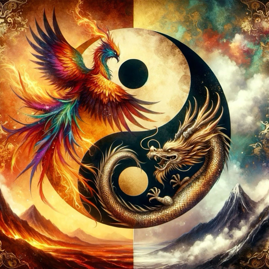 Picture of a Swan flying vs a dragon and cloud in middle.