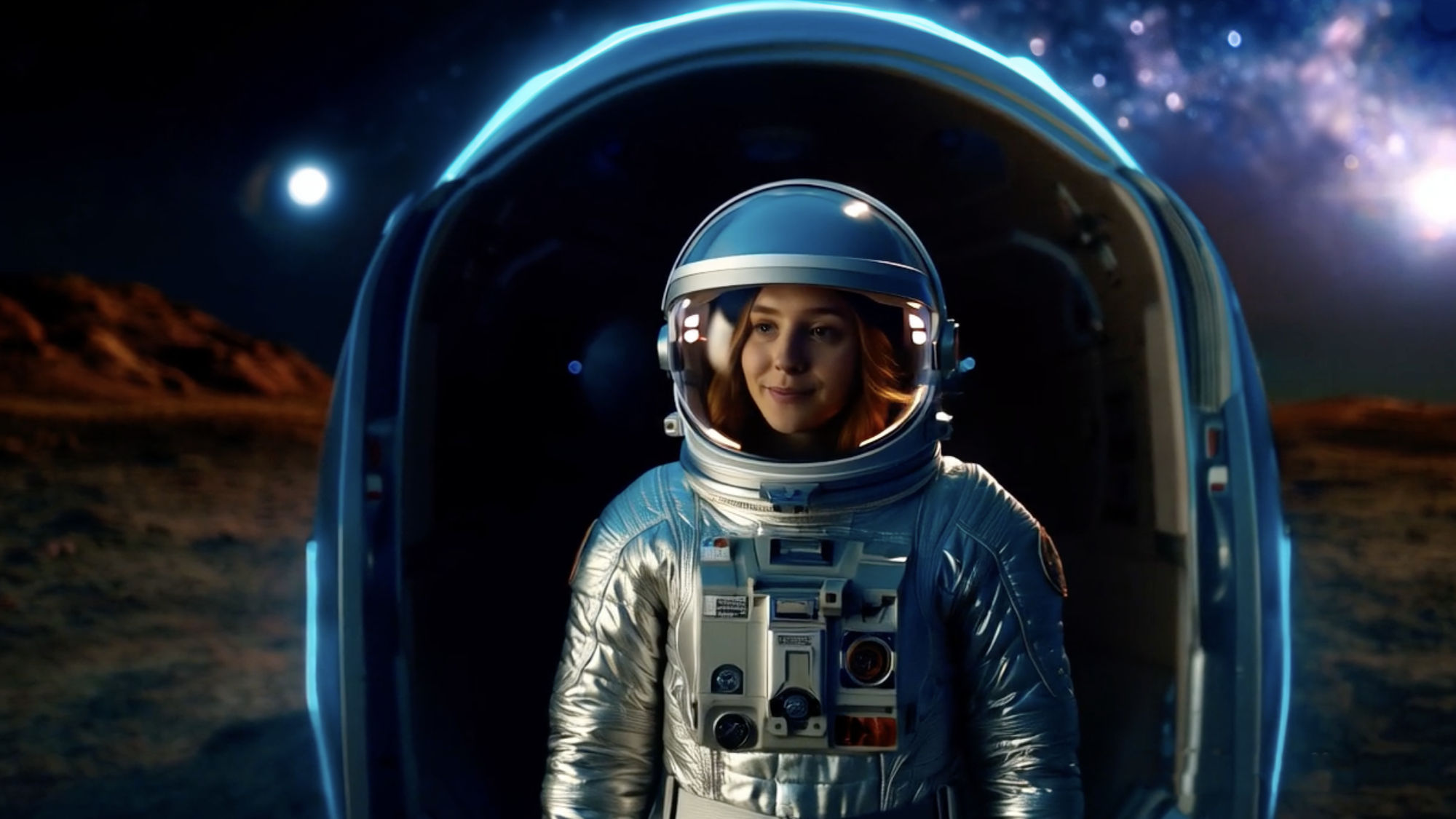 a woman in a space suit standing in a doorway with a space background 