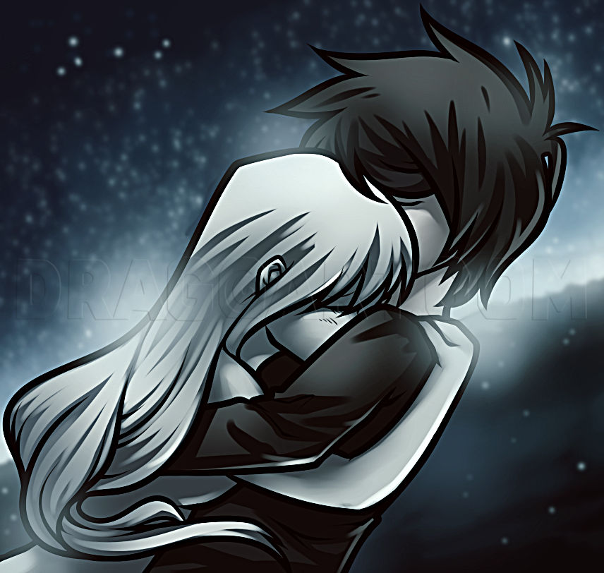 Girl with long dark hair hugs a boy, coherent, dark pallete,, dark fantasy concept art, by Greg Rutkowski, dynamic lighting, hyperdetailed,...