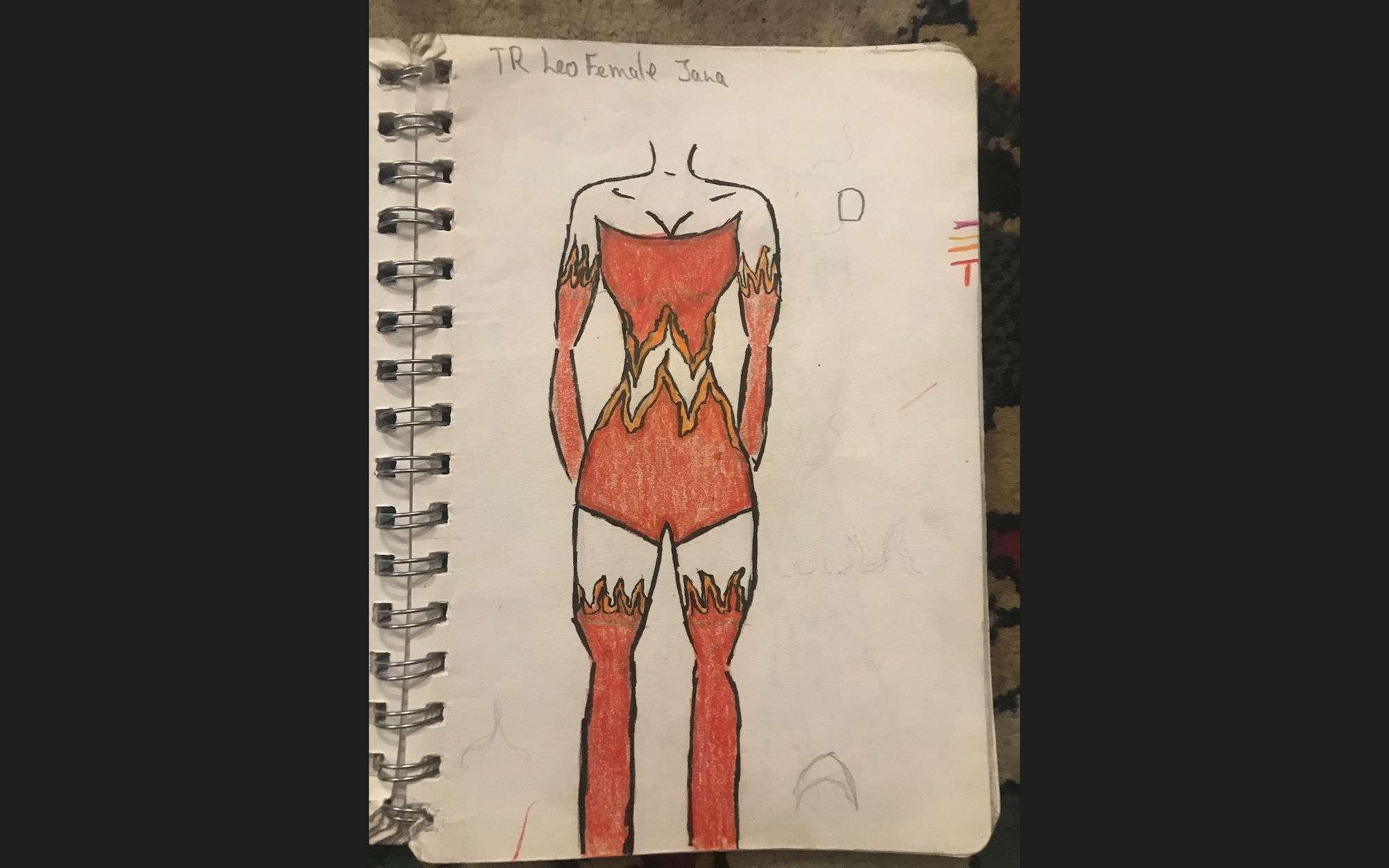 make it realistic follow designs cut and colours exactly cloths red orange. put a  blond lady in it.on a runway warm colors realistic leathe...