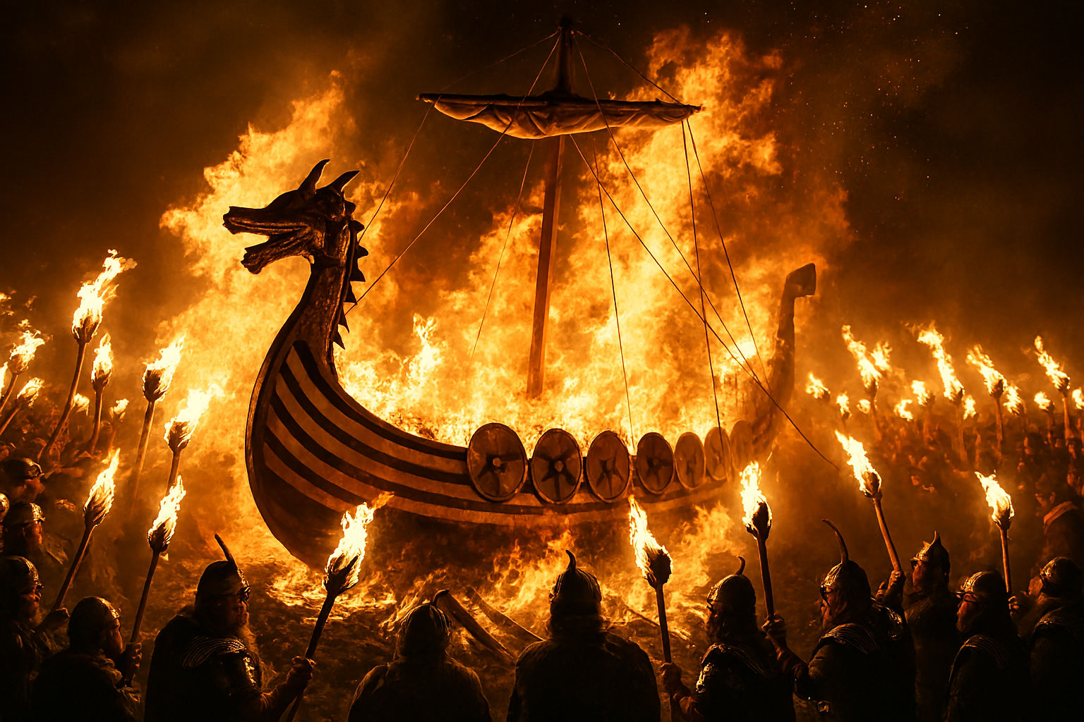 A Viking longboat being burned to celebrate the returning of the light in the Shetland Isles, the sun is seen as just appearing and mystical...
