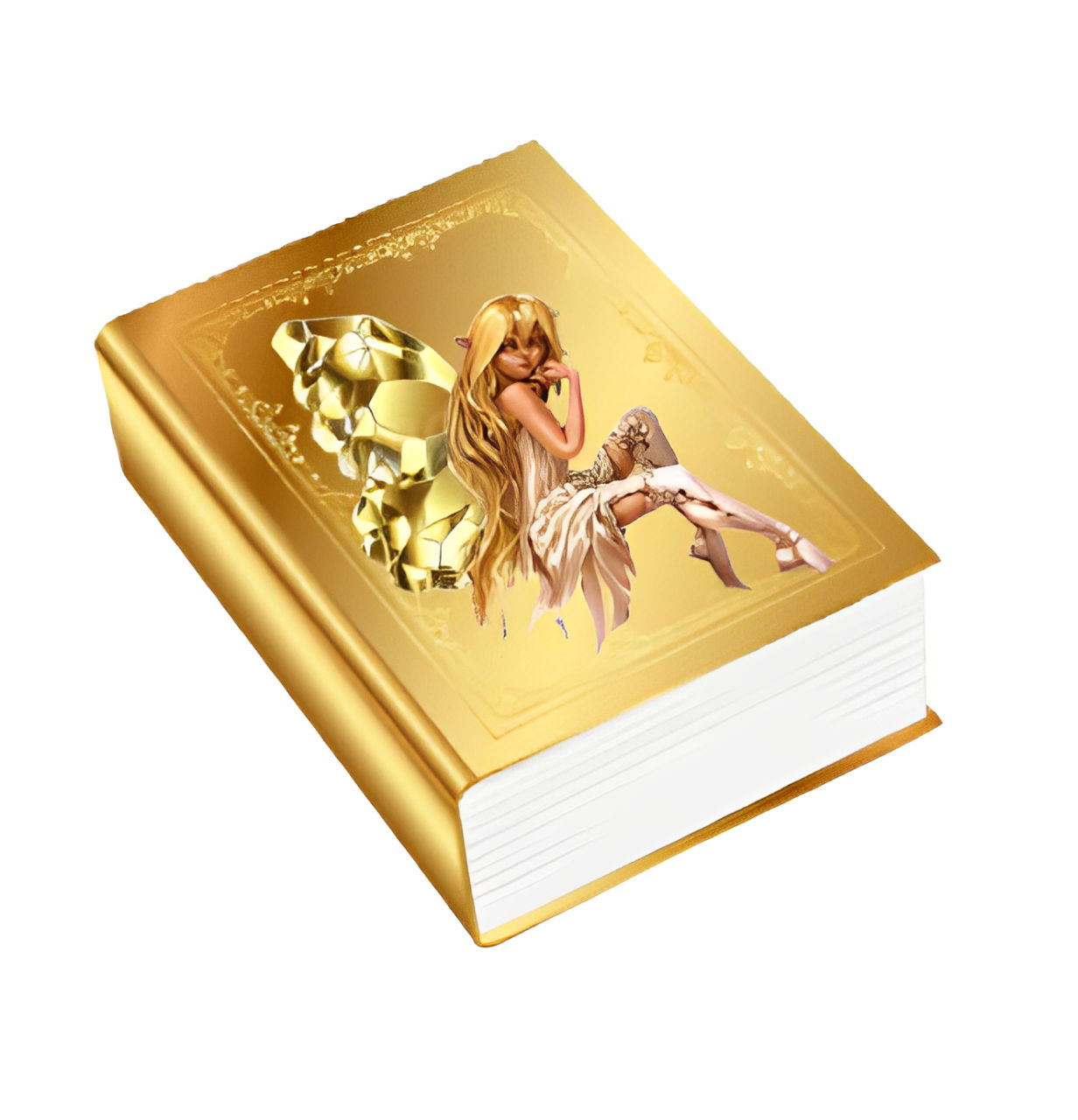 A golden book with a beautiful fairy in the center