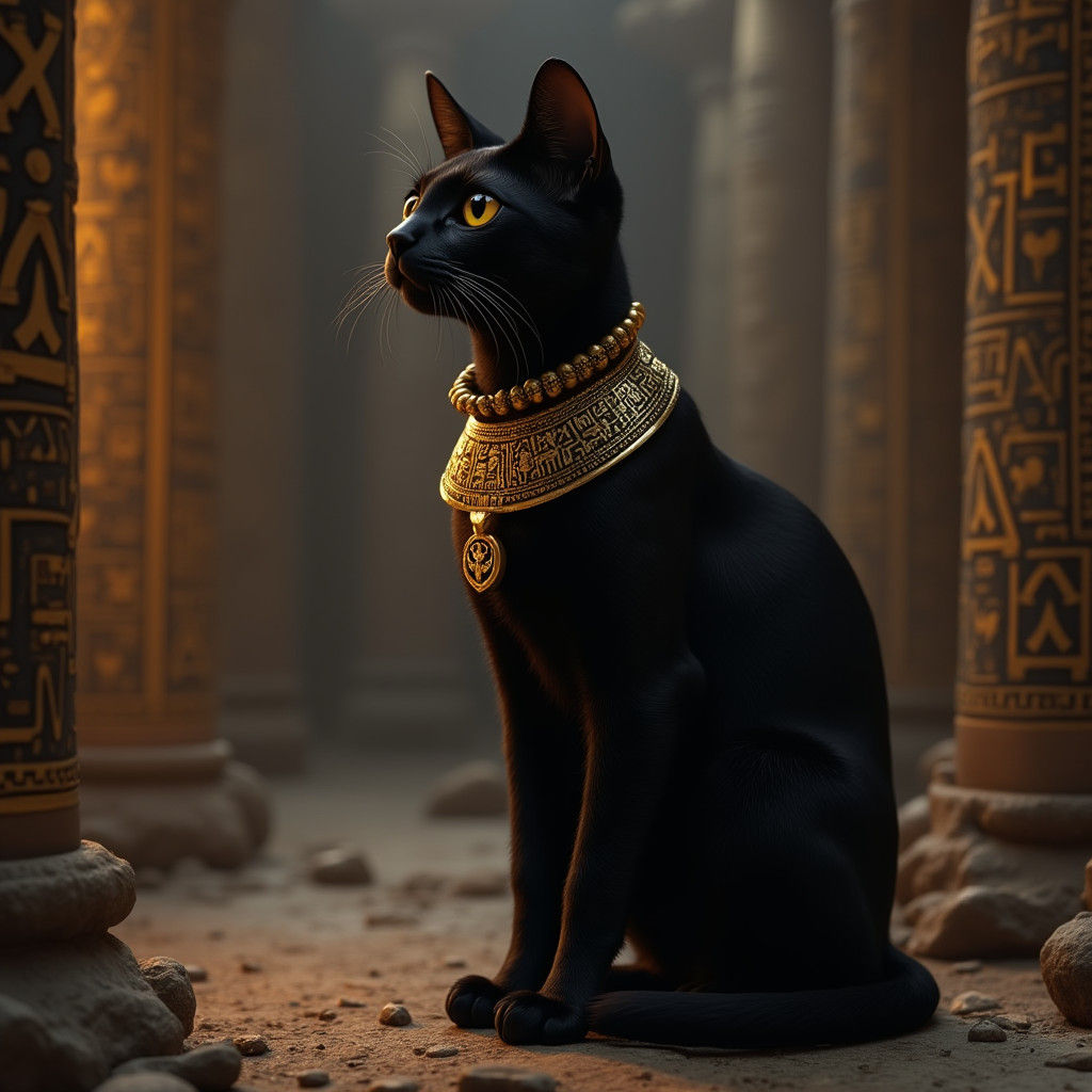 A Egyptian Siamese cat with golden jewelry and flaming eyes.