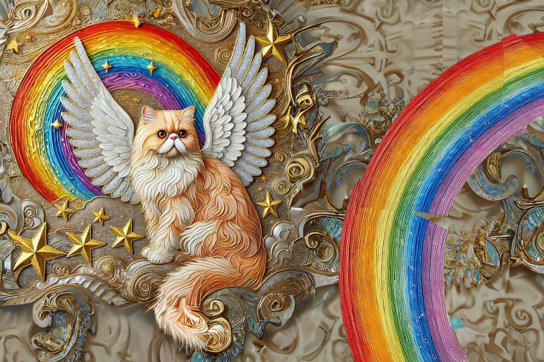 A wide thick rainbow incorporating colors such as bold red, soft cream, and the muted metallic hue of pewter on a pale orange swirly Van Gog...