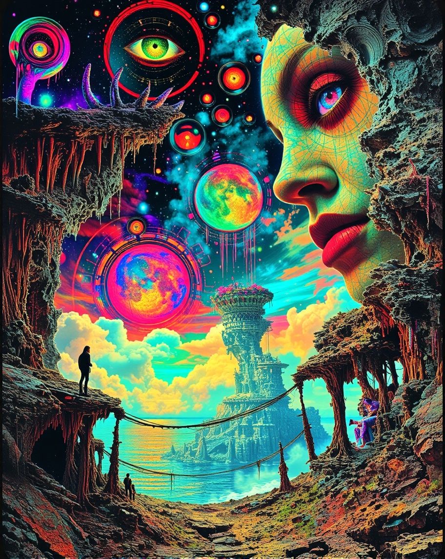  A woman's face with an enigmatic gaze, her features softly blurred, juxtaposed with a colossal, glowing eyeball, its iris a swirling vortex...