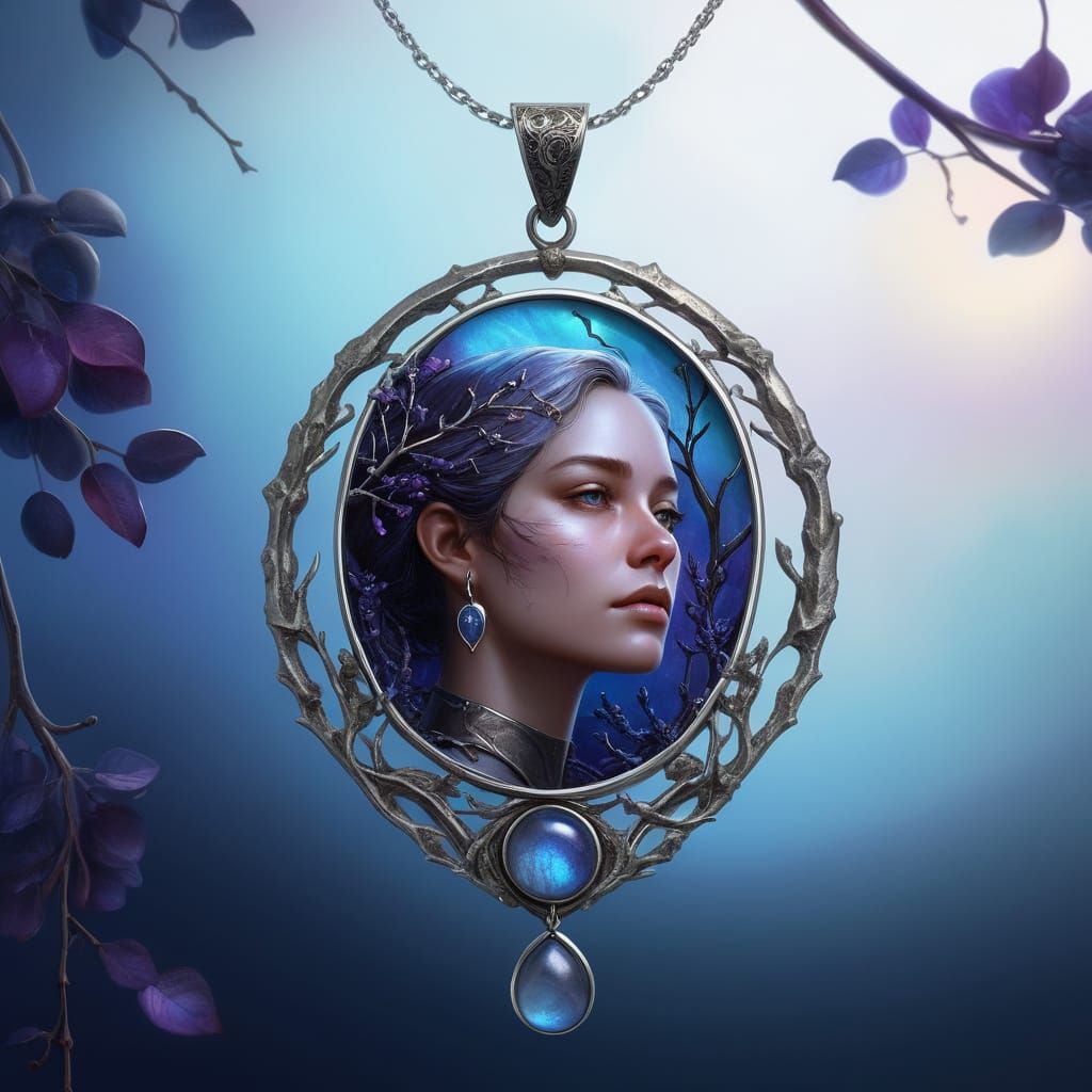 Beautiful cinematic image: A pendant with a portrait of a girl sways slightly in the wind, as if from breathing. The gir...