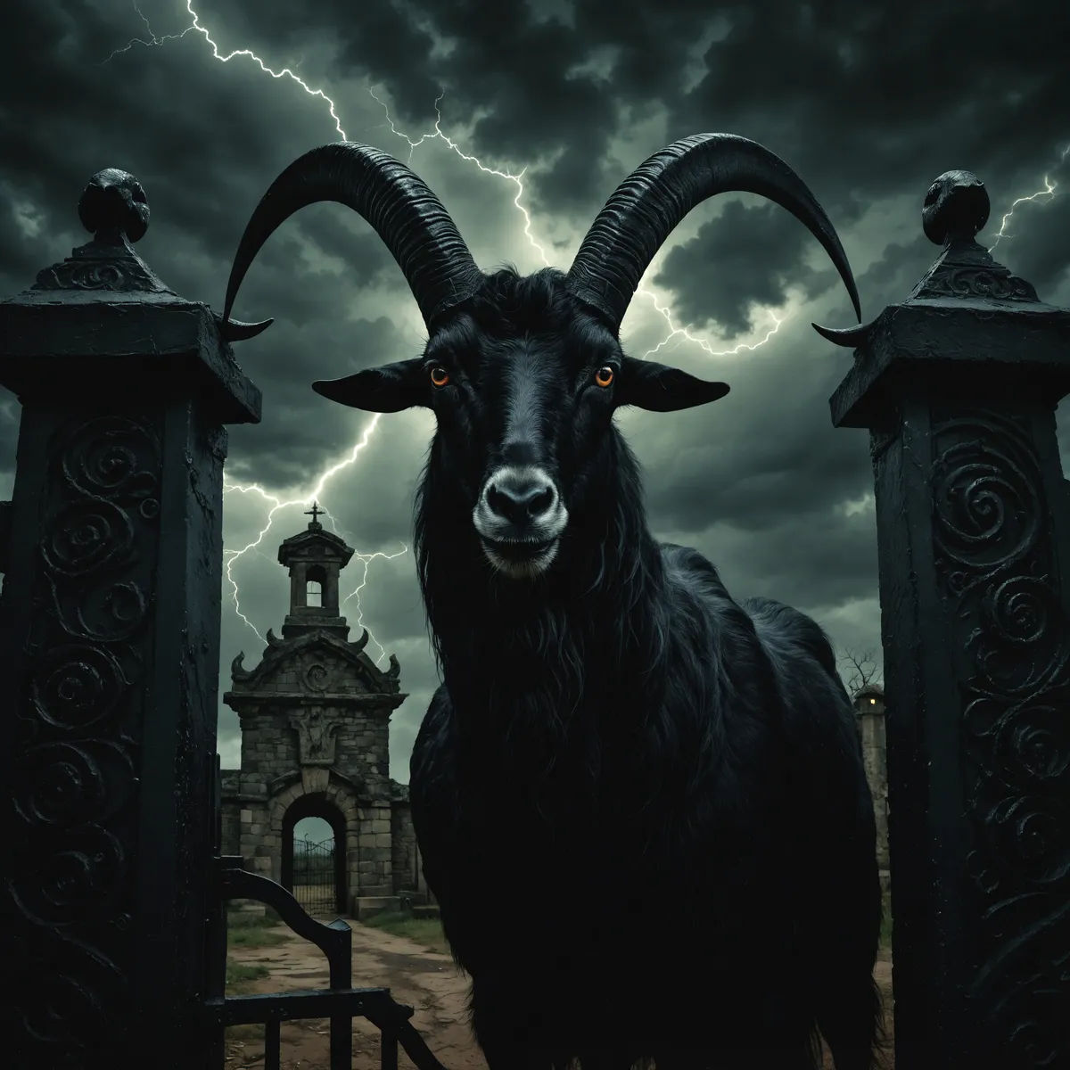 The goats eyes should have an eerie and menacing red glow. On top of the gate posts and flying in the air should be very large crows that ha...