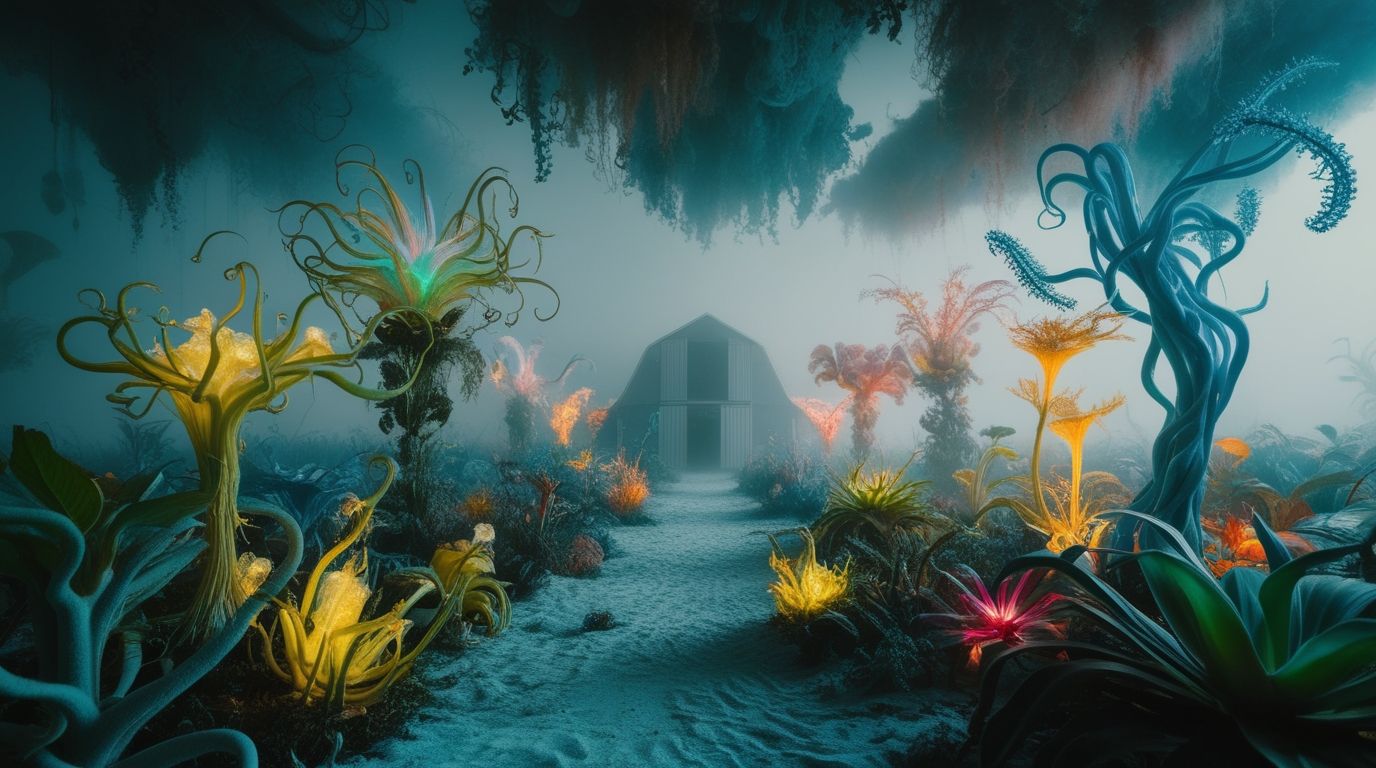 Organic Techno futurist city street, glowing colors 