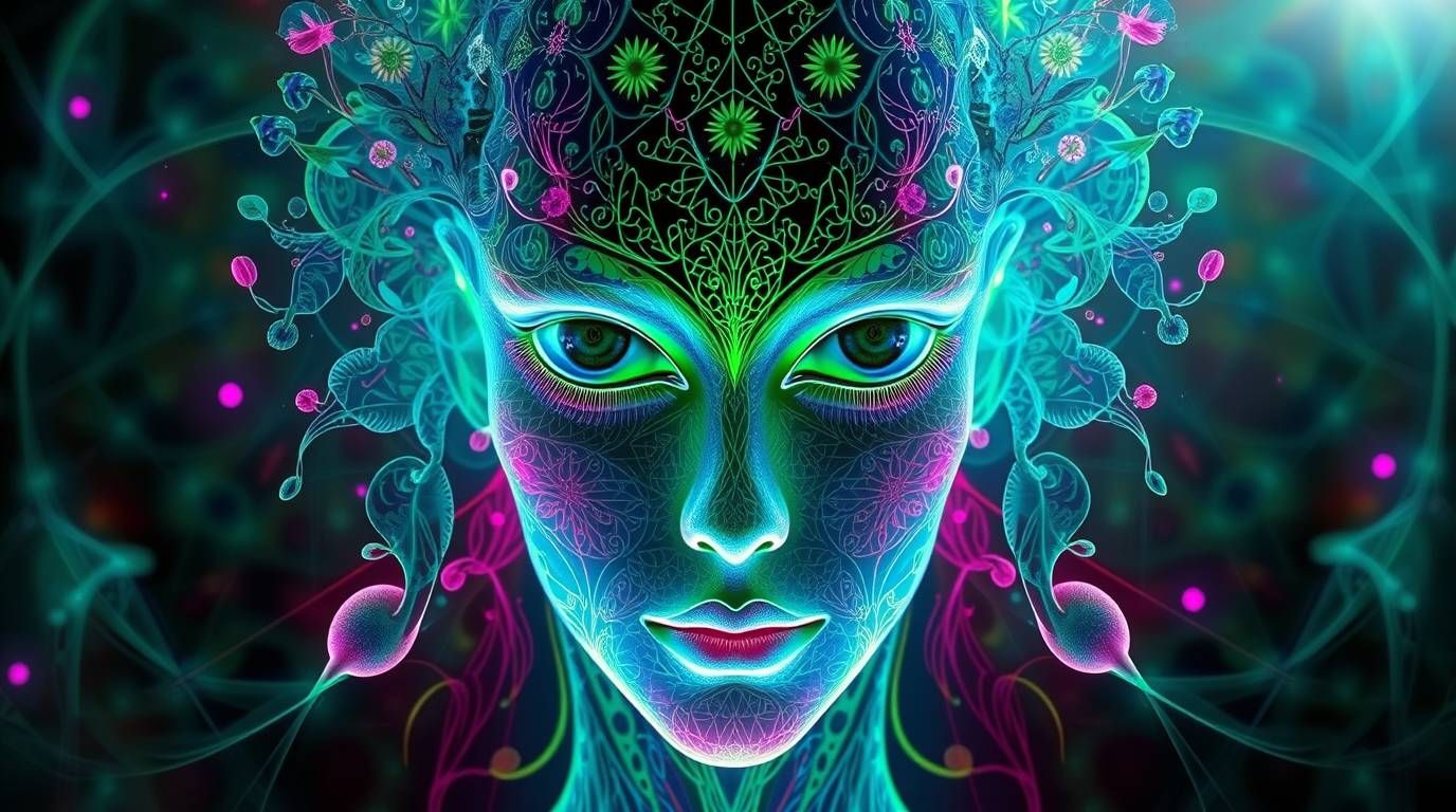 A futuristic, hyper-realistic portrait of a face with intricate, organic structures and impossible color gradients, set amidst a backdrop of...