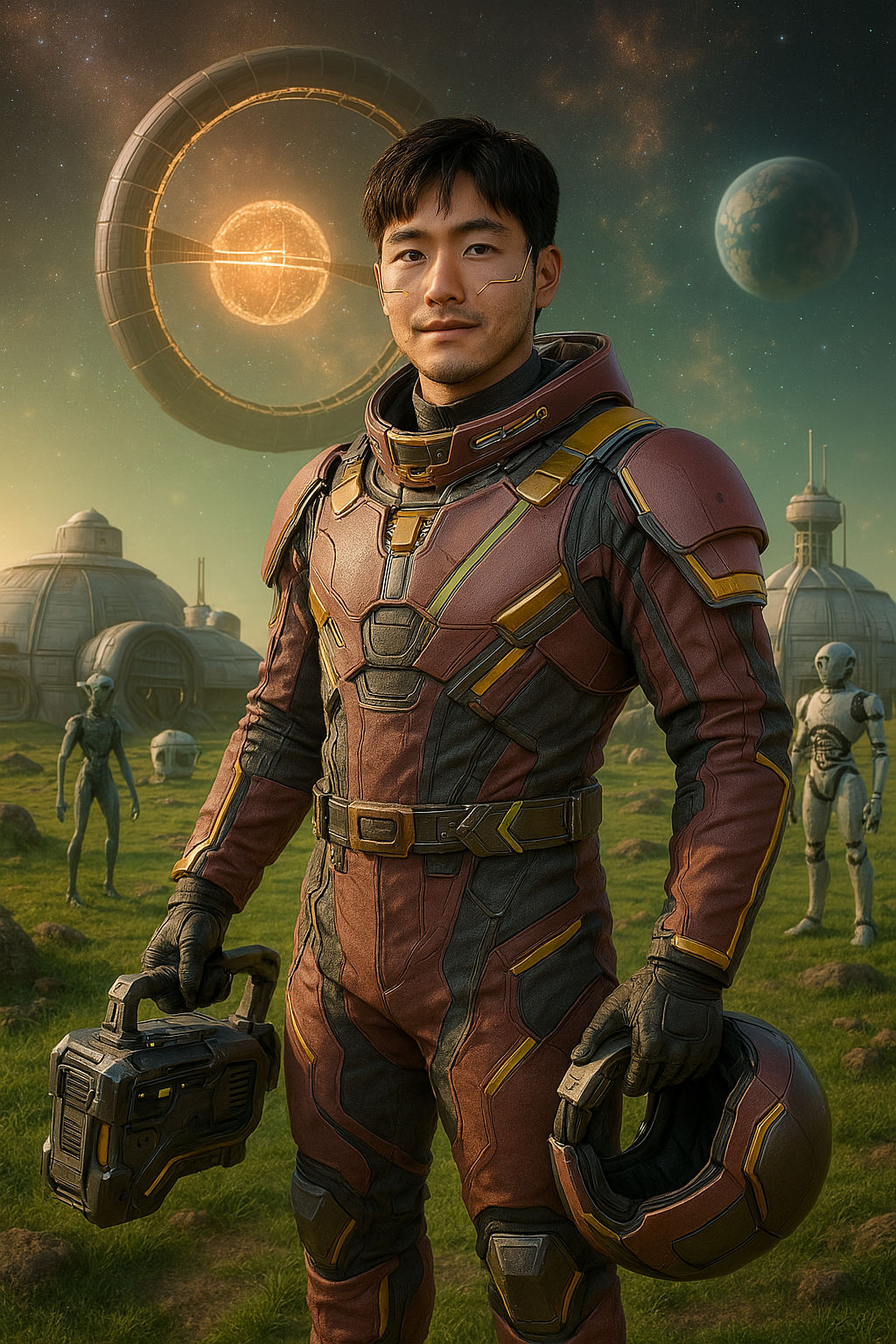 The man give a cute smile on the New Planet for Human Interstellar settlement.