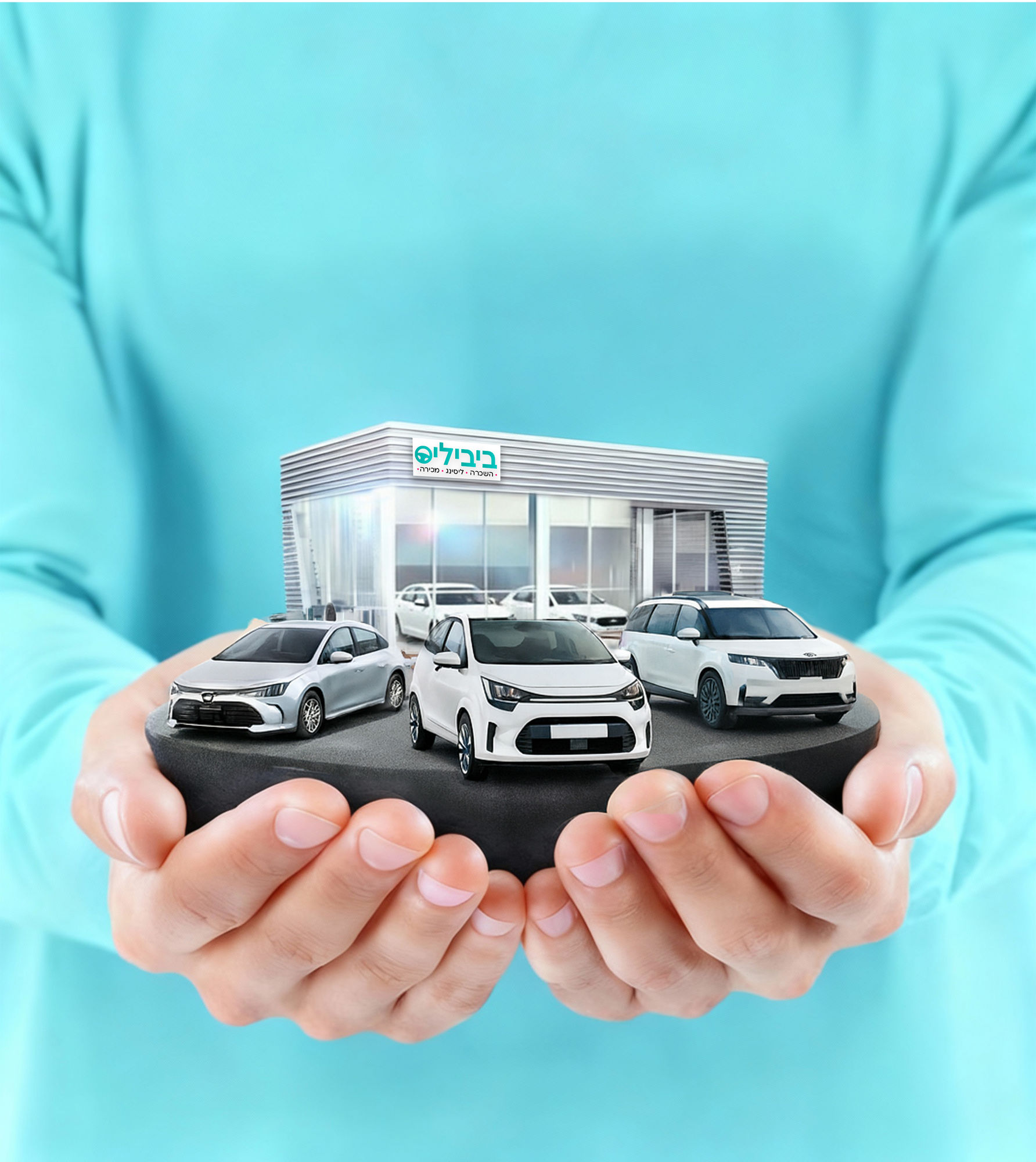 {
  "prompt": "A close-up, high-angle shot capturing two cupped hands, held at chest level by a person wearing a vibrant turquoise long-slee...