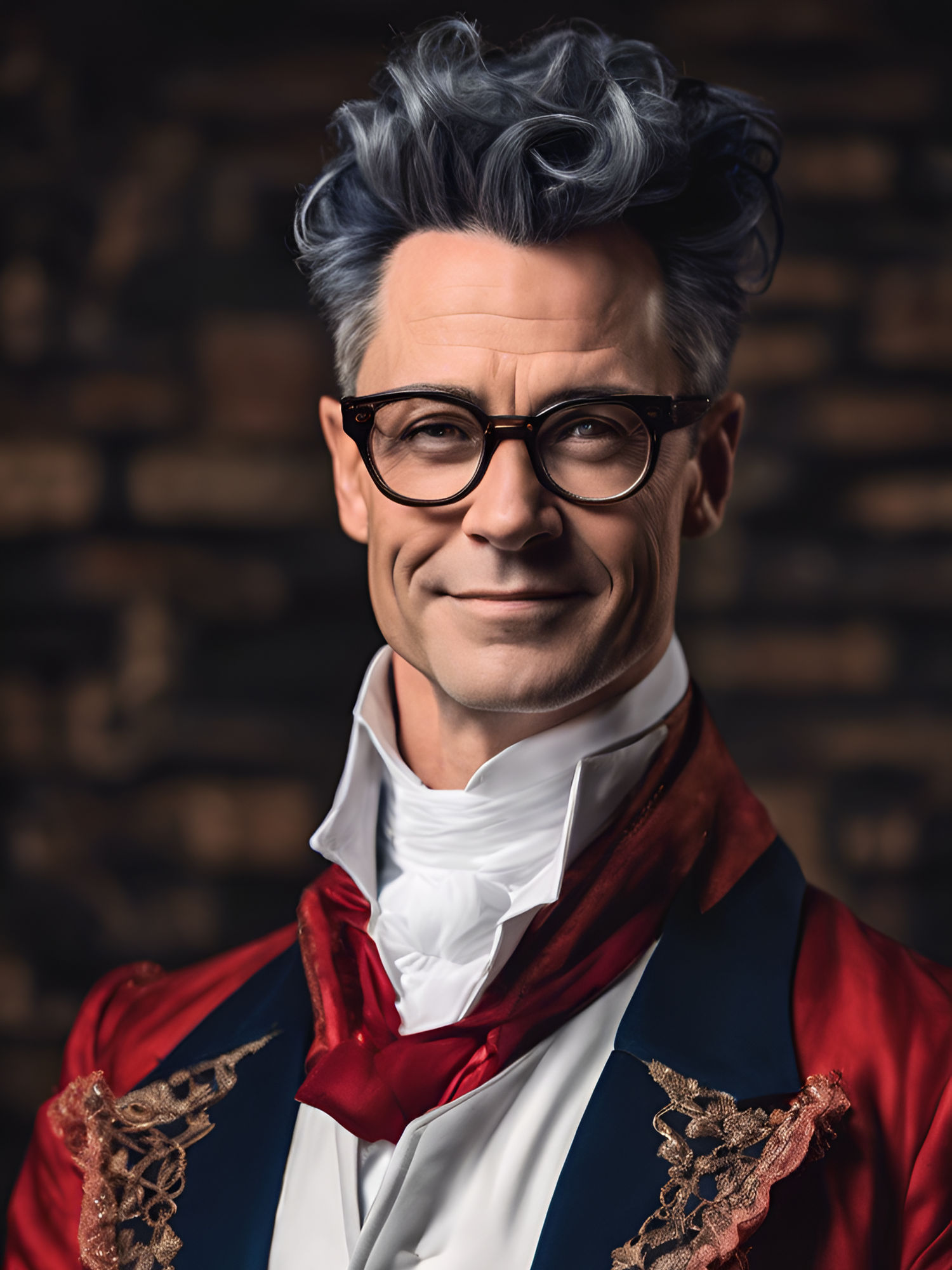 man, 45 years-old,happy face, mouth closed, salt and pepper short textured quiff hairstyle with side, music director style, wearin...