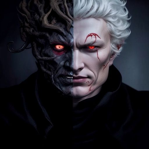 Half human long white haired blue eye man half pure evil eldritch abominable twisted horrid extremely terrifying grotesque evil orange eye d...