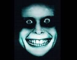 Subtle horror art of the pure evil grinning man watching you on a TV screen while you are forever trapped inside of his own room with no one to save you and no key for you to escape.
