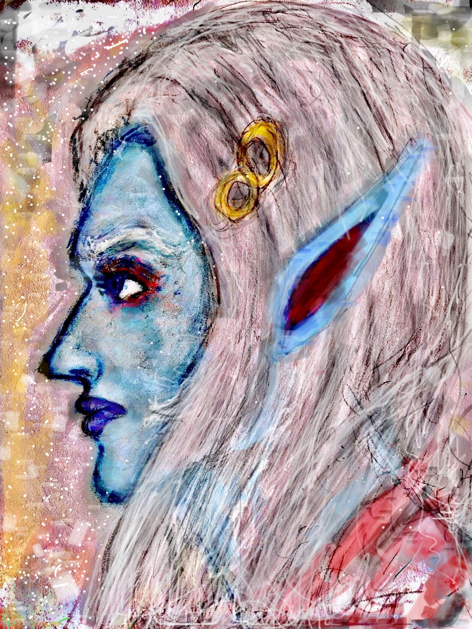 A real life Live action fully cinematic film composite photograph. Long distance body shot, front view. Frail, very long white-haired demon...