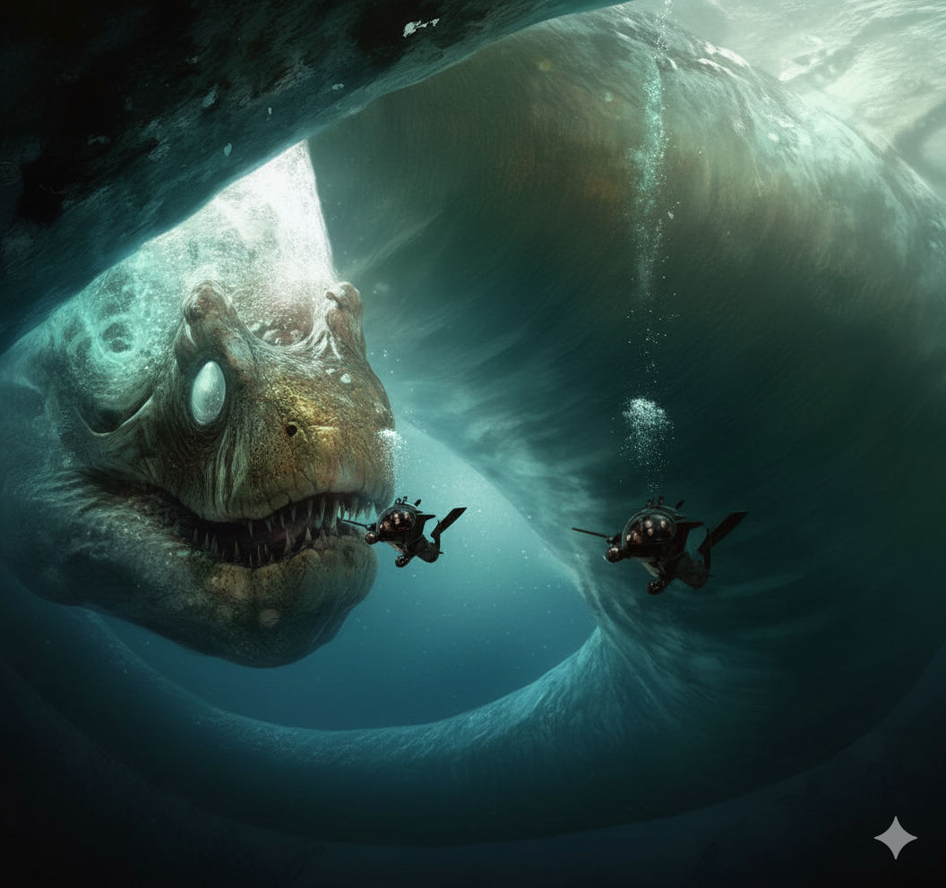 Cosmic creator entity extremely ultrarealistic insanely lifelike version of SCP-3000 anantashesha aka the bloop eel with hyperphotorealistic... - Start Image 2