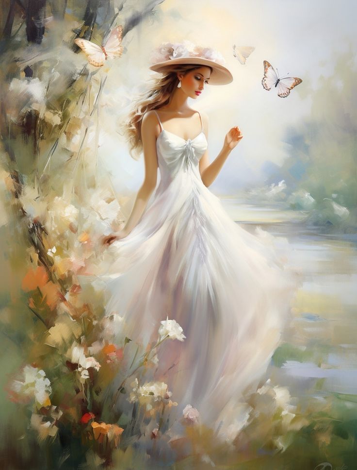 <lora:Mimibairs:1.0> a person in a flowing white dress, surrounded by nature and butterflies. The setting appears serene and peaceful. The p...