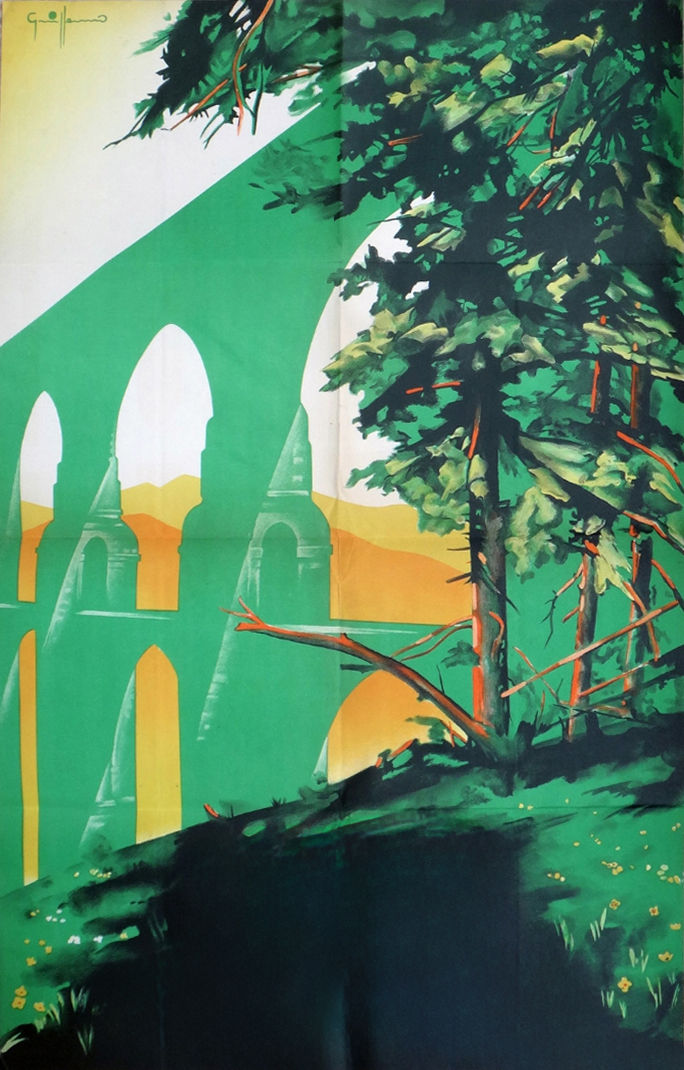 A painting of a bridge over water with trees on both sides of it. The bridge is green and yellow, and the trees are brown.