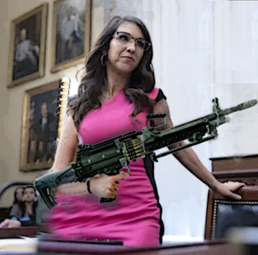 Lauren Boebert Colorado congress woman in the role of super hero of the Gasoline pump flying through the sky for truth justice and the ameri...