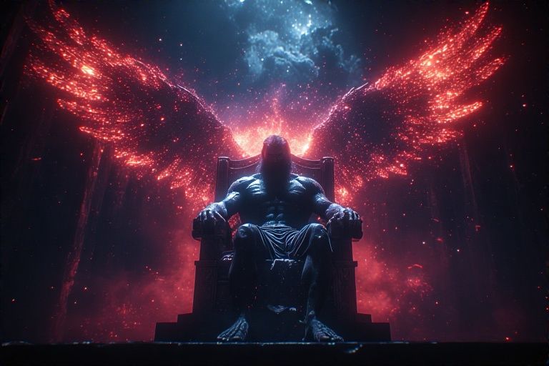 The angel rises, in the background an explosion of light, the angel transforms into a male slender, blond, bright angel.