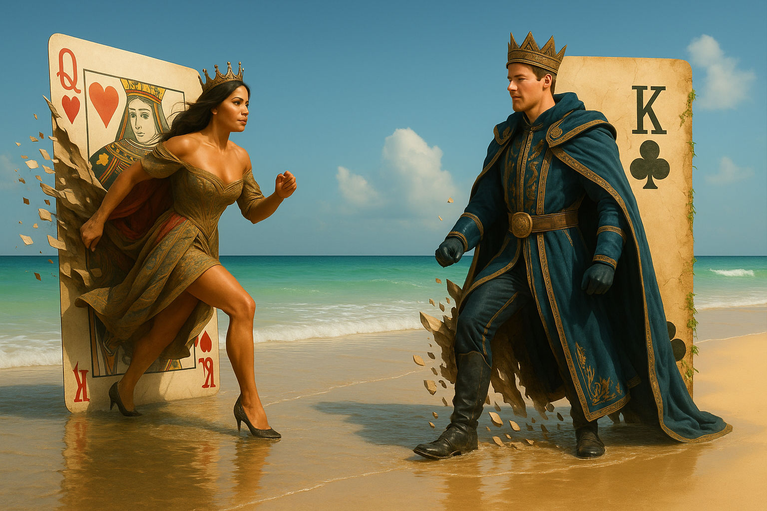 the queen steps out of the card and goes to greet the king with a curtsy and the king bows to her