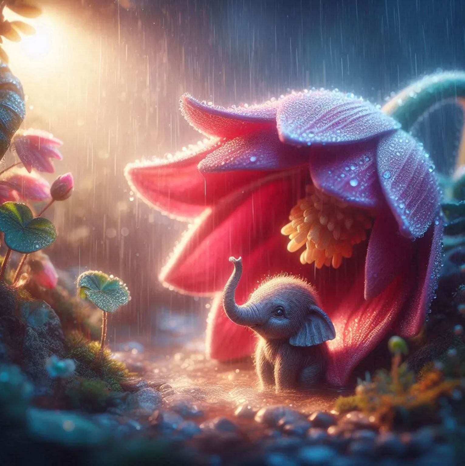 cute elephant baby holds up her trunk straight and blows water out of it joyfully