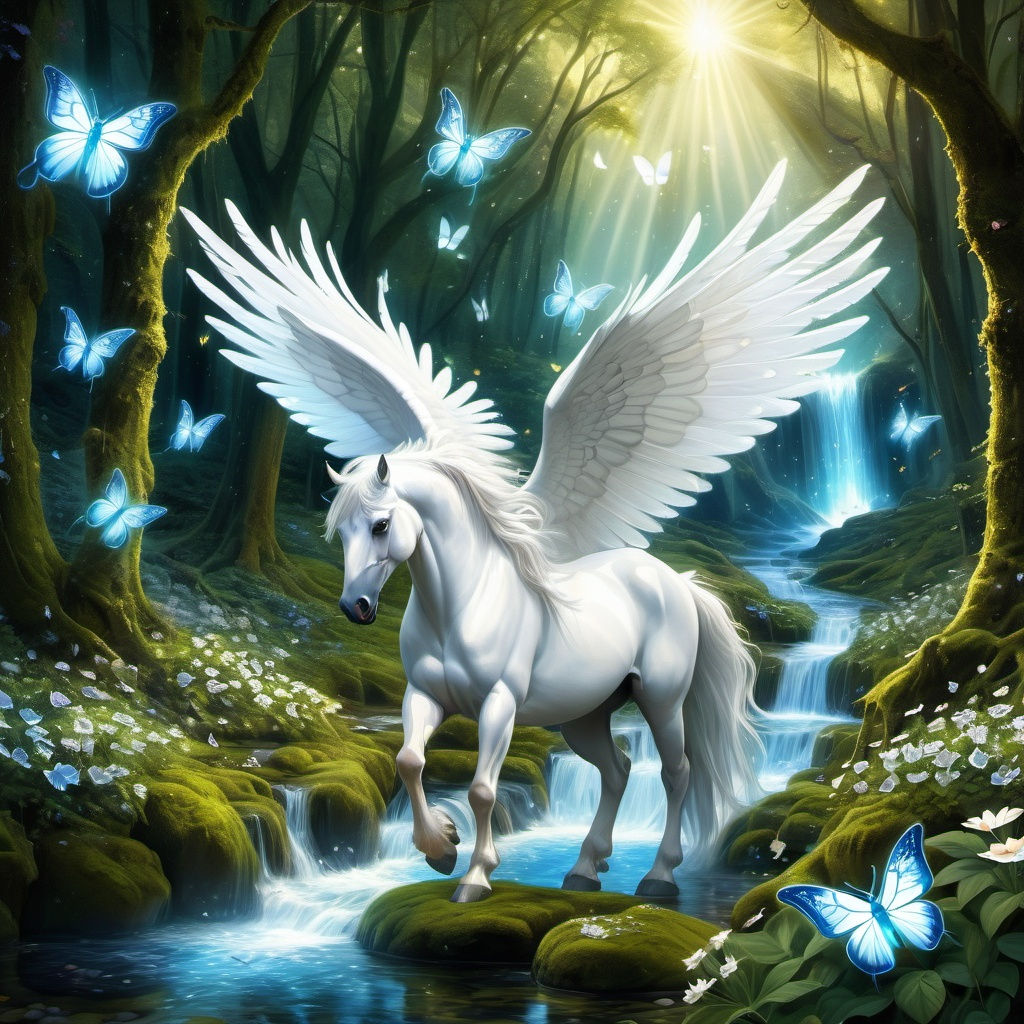 A majestic white Pegasus with grand, feathered wings, surrounded by fireflies 