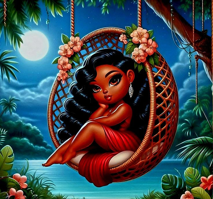 Hawaiian hula sitting on a hammock with legs hanging down,  adorned with intricate floral leis, at night full moon. The illustration style i...