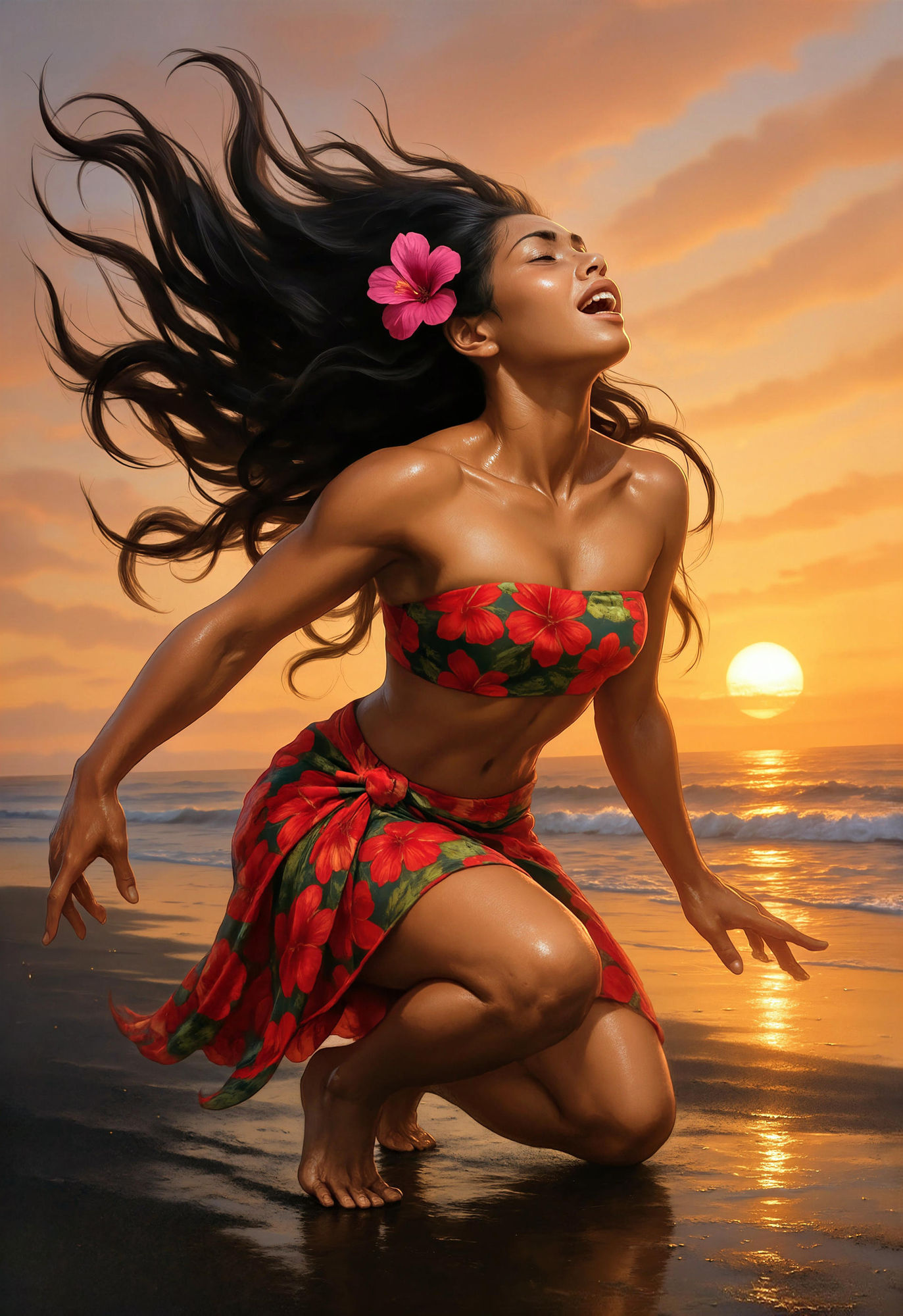 Hawaiian hula on the beach at sunset pink and orange hues. Fantasy concept art. Ethereal glow illuminating her form. Best quality, masterpie...