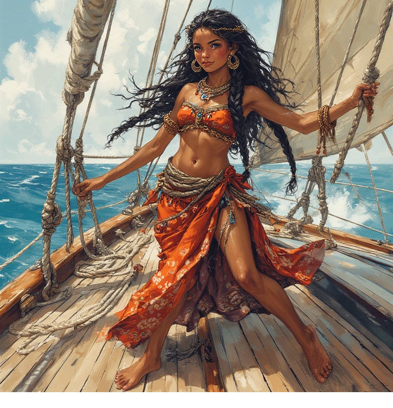 Hawaiian Hula on on a sailboat. Killian Eng's sci-fi, Josephine Wall's maximalism, in oil on canvas, watercolor style, blending Killian Eng'...