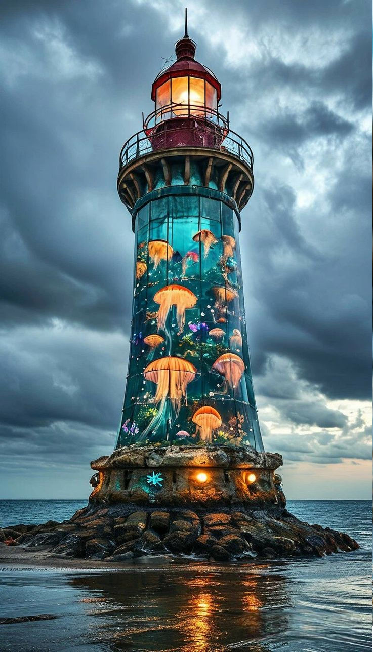 A Hawaiian lighthouse with florescent jelly fish inside it. The illustration style is a blend of soft, ethereal fantasy and cinematic lighti...