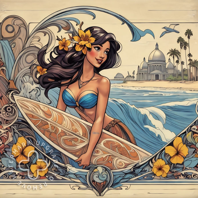 <lora:DWC Flux:1.0> Beautiful hula with surfboard in water. Volcanic mountains in background. Ethereal fantasy illustration. Flowing floral ...