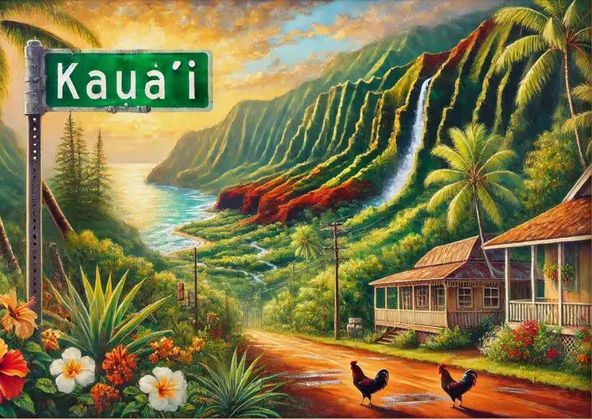 A landscape of Kauai Fantasy concept art. Ethereal bright glow illuminating  the Hula. masterpiece, intricate details, fantasy art, Yoshitak...