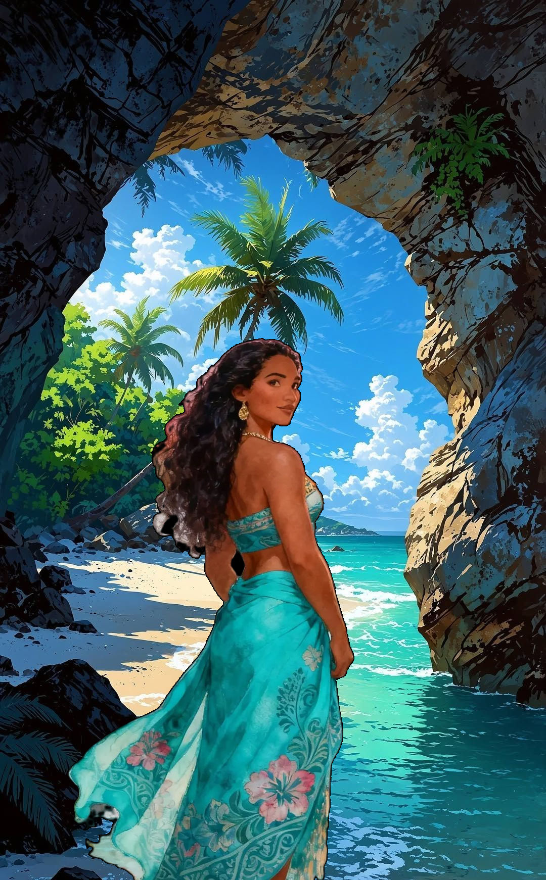 Hawaiian hula at the opening of a cave. Ocean, Palm trees and volcanic mountains in the background.  Whimsical, detailed, maximalist, enchan...