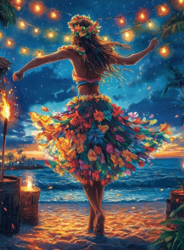 Hawaiian hula dancing on the beach with colorful skirt at night. Colorful lights, Tiki torch, Ocean,  Palm trees and volcanic mountains in t...