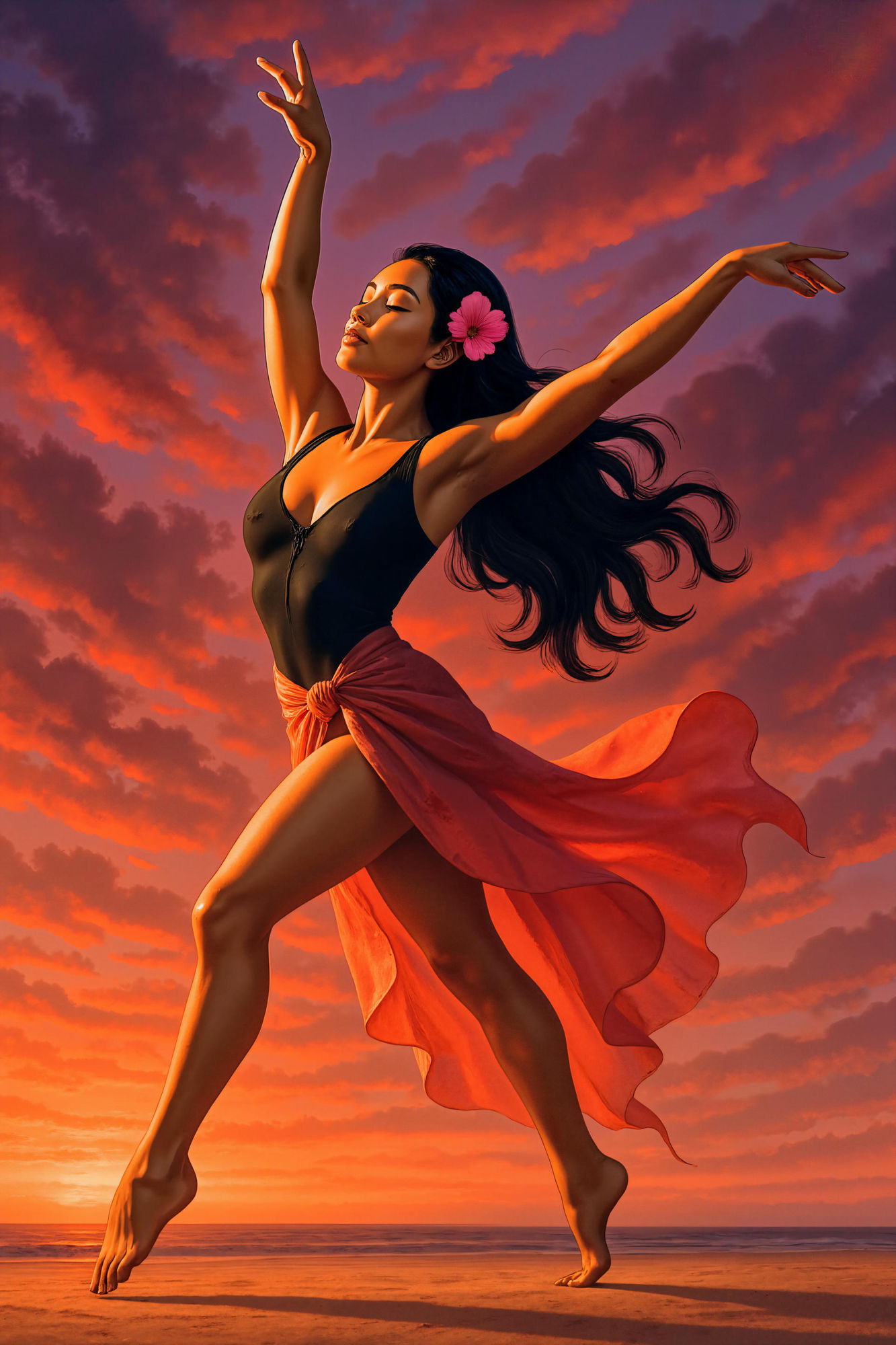 A beautiful Hawaiian Hula dancing with flowers in her hair, Watercolor techniques,