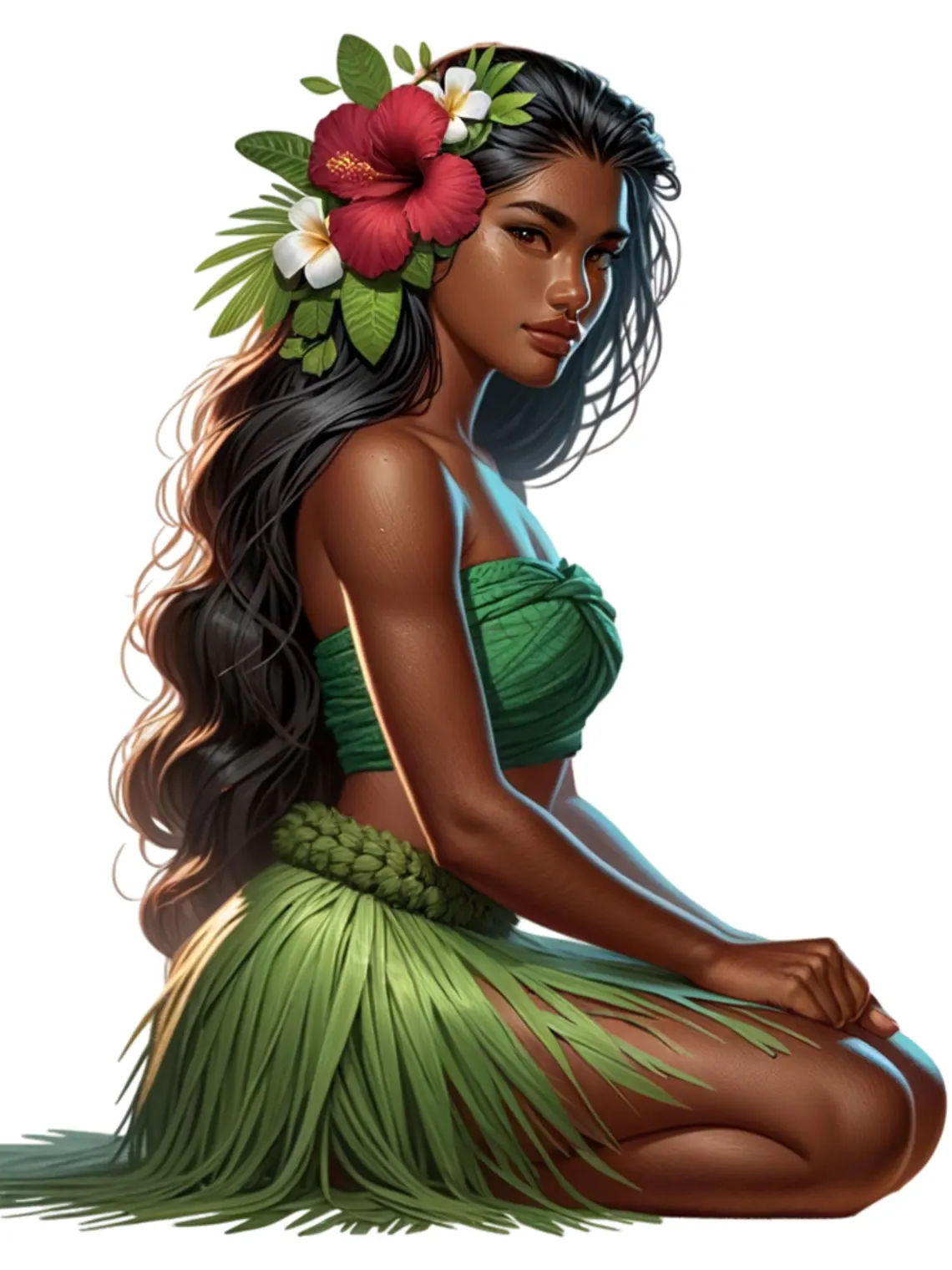 Hawaiian Hula bathing under a waterfall,  Killian Eng's sci-fi, Josephine Wall's maximalism, in oil on canvas, watercolor style, blending Ki...