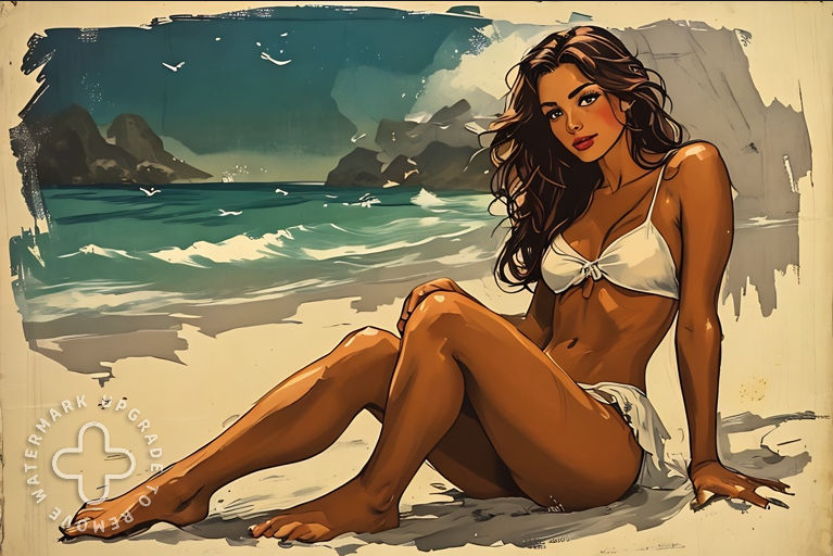 Beautiful hula sitting on the beach, waves and volcanic mountains in the background. Oil painting with watercolor accents. Intricate details...