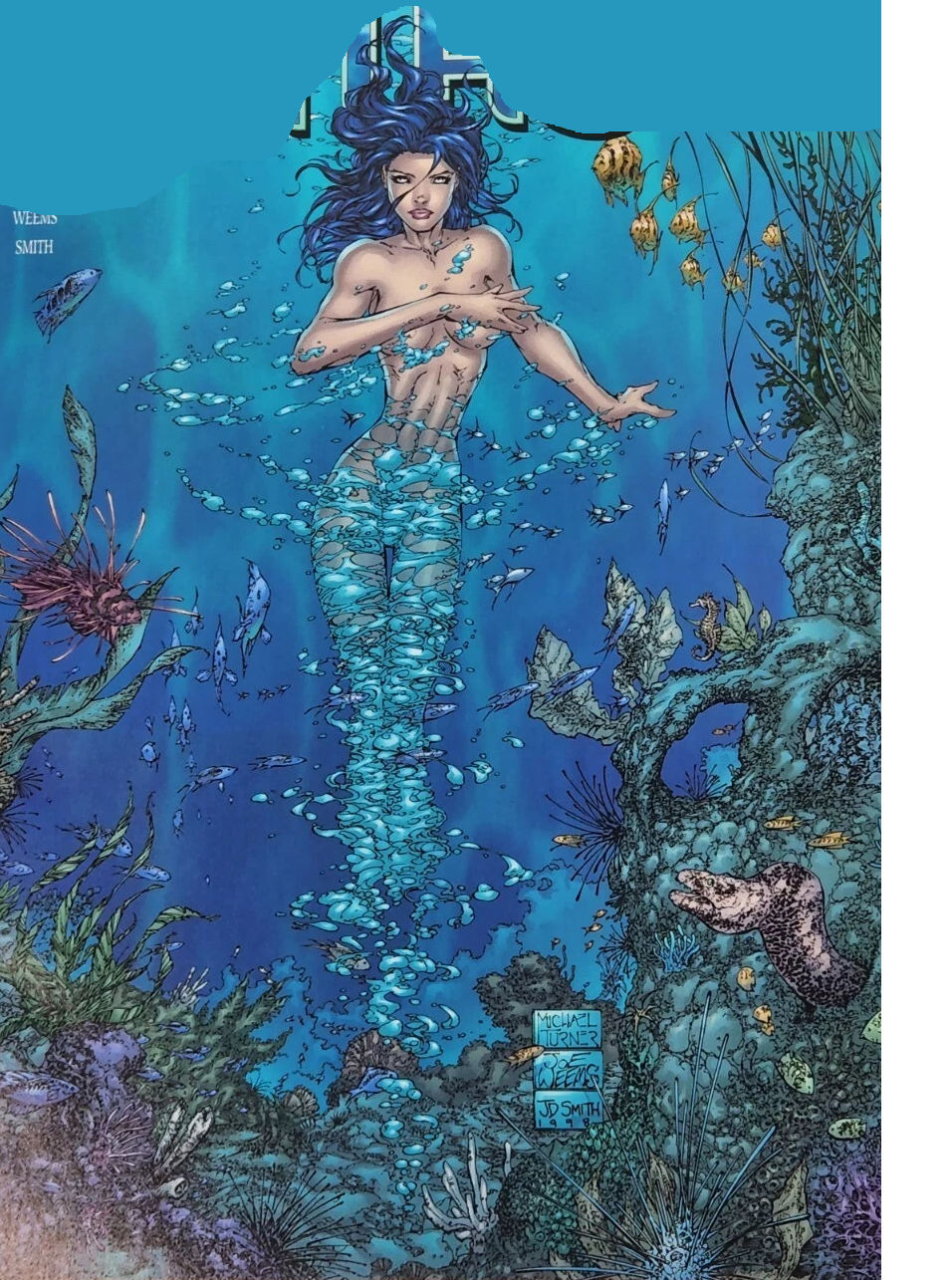 Two Hawaiian Hula swimming under water, coral formations and fish background. Killian Eng's sci-fi, Josephine Wall's maximalism, in oil on c...