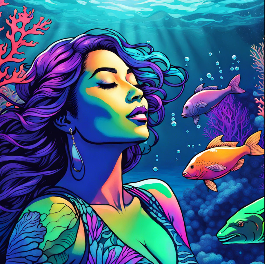 Hawaiian hula sitting swimming with fish. Fantasy concept art. Ethereal glow illuminating her form.  Bright vivid colors. inspired by M.C. E...